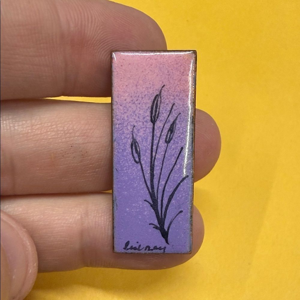 Pink and Purple Rectangular Copper Enamel Brooch